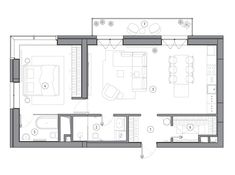 the floor plan for an apartment with two beds and one living room, which is connected to