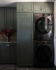 a washer and dryer in a room with green cabinets on the wall, next to a sink