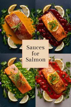 four different types of salmon with sauces and garnishes