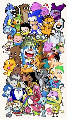 an image of many different cartoon characters in the same group, all with different colors and sizes