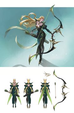 the concept art for an animated game character, with different poses and hair styles on each side