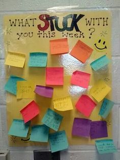 a bulletin board with sticky notes attached to it and the words what stock you this week?