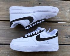 Custom Painted Nike Air Force 1s with Black Details Painted with Angelus Leather Acrylic Paint Painted Air Force 1, Shoe Artwork, Custom Nike Air Force, Painted Nikes, Nike Air Force 1s, Air Force 1s, Black And White Nikes, Custom Air Force 1, Custom Nike