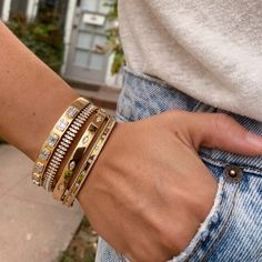 To be dressed up or down, the perfect stack of bangles will carry you through all season and occasions. Los Angeles based Anne Sisteron Fine Jewelry. Free Shipping Worldwide. See website for returns & exchange policy. Gold Wrist Stack, Gold Stacked Bracelets, Watch Stack, Bangle Stacking, Hand Candy, Simple Gold Earrings, Daily Wear Jewellery, Designer Bracelet, Stacking Bracelets