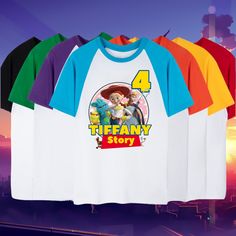 four different colored t - shirts hanging on a clothes line with the title 4 tiffany story