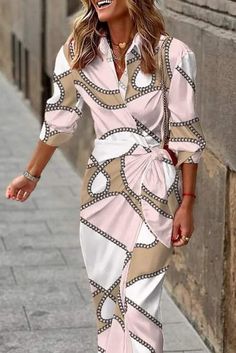 Dresses Casual Boho, Mode Prints, Dress Sleeve Length, Collared Shirt Dress, Chiffon Fashion, Printed Shirt Dress, Turndown Collar, Hip Dress, Boho Casual