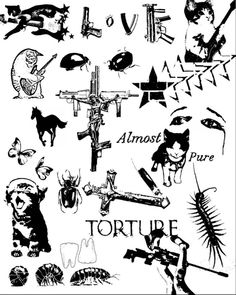 black and white drawing of different types of tattoos