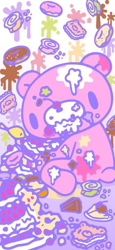 a pink teddy bear surrounded by cookies and candies on a purple background with stars