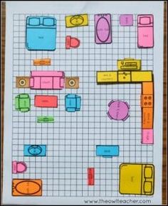 a drawing of a kitchen and dining room with the floor plan drawn in bright colors