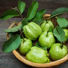 a basket filled with green fruit sitting on top of a wooden table next to leaves