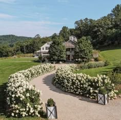 an aerial view of a house with white flowers in the foreground