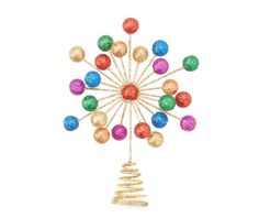 an ornament with multicolored balls and gold spirals in the shape of a christmas tree