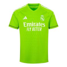 a green soccer jersey with the words emiratess fly better on it