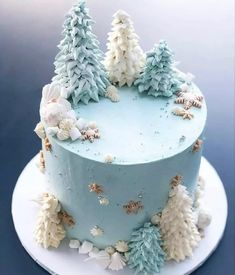 a blue frosted cake decorated with trees and snowflakes