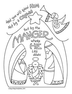 a coloring page with the words, and an image of two people in a manger