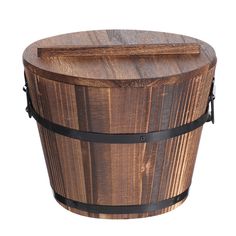 a wooden bucket with black straps around it