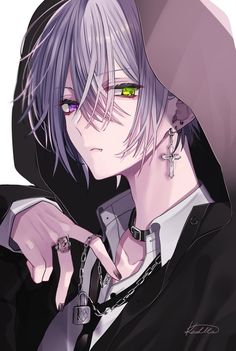 an anime character with purple hair and green eyes wearing a black hoodie, holding his hand up to his ear