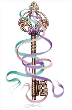 an ornate key with swirly ribbons around it