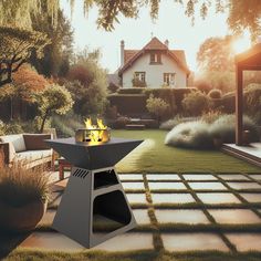 a fire pit sitting in the middle of a lush green yard