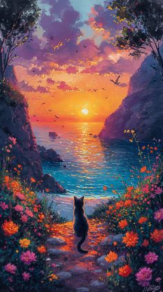 a painting of a cat sitting on a path looking out at the ocean and sunset