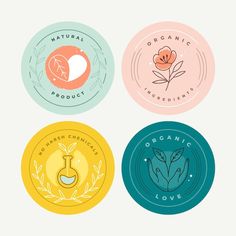 four circular badges with different types of organic products and symbols in the middle one has an orange flower on it