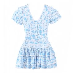 floral-print-light-blue-and-white-flower-patterned-layered-ruffle-slim-fit-corset-bodycon-drop-waist-fitted-bodice-v-neck-button-down-lace-trim-short-puff-sleeve-tiered-boho-mini-dress-gown-women-ladies-chic-trendy-spring-2024-summer-elegant-semi-formal-casual-feminine-prom-party-gala-preppy-style-beach-vacation-coastal-granddaughter-debutante-sundress-loveshackfancy-zimmerman-altard-state-revolve Southern Preppy Style Summer, Mini Dress Spring, Southern Preppy Style, Light Grey Leggings, Rush Outfits, Casual Sundress, Gameday Dress, Preppy Southern