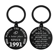 two black and white key chains with the words, happy birthday to you on them