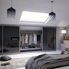 a bedroom with an open closet and skylight above the bed in front of it