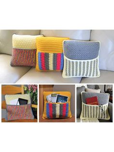 crocheted pillows are sitting on a couch with different colors and designs in them