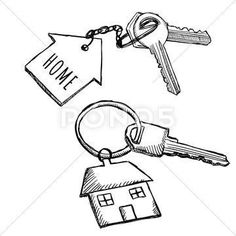 hand drawn house keys with no one sign and keychain