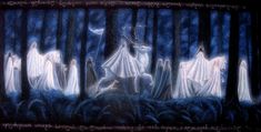 an image of some people in the woods with ghost like things on their heads and arms