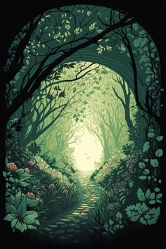 an image of a forest scene with trees and flowers on the ground, in green tones