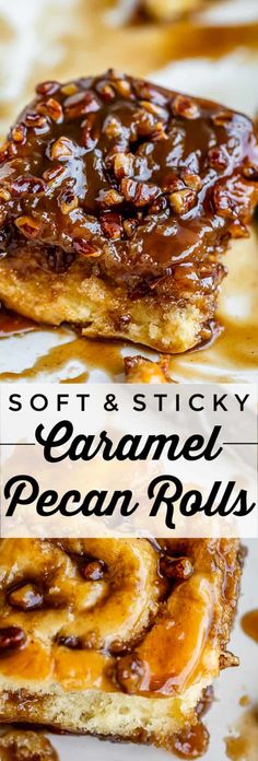 soft and sticky caramel pecan rolls on a white plate with text overlay