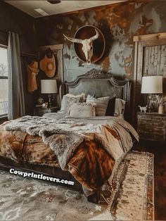 a large bed sitting inside of a bedroom next to a cow skull on the wall