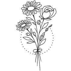 a line drawing of flowers with leaves and stems in the center, on a white background