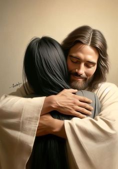 a painting of jesus hugging a woman with long hair