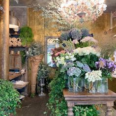 a room filled with lots of different types of flowers in vases on top of a wooden table