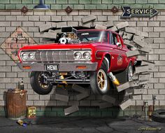 A classic 1955 Chevy muscle car in matte black is bursting through the gray cement wall of a service garage Car Mural Art, Craftsman Tools Set, Car Mural, Cars Mural, Wall Transfers, Hd Textures, Text Wall, Break Wall, Frosted Window Film