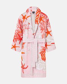 Versace Bathrobe, Linen Bathrobe, Sea Print, Wrap Belt, Matches Fashion, Product Label, Pink Print, Versace, Textiles