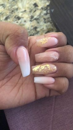 Pink And White Ombre Nails With Gold Flakes, Ombre With Marble Nails, Ombre Nails Gold Flakes, Nail Ideas Gold Flakes, Nails Acrylic Gold Flakes, Nail Designs Gold Flakes, Ombre Nails With Gold Flakes, Ombre And Marble Nails, Pink Nails With Gold Flakes