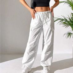 Brand New Shein Cargo Petite Pants In White Size Small Y2k Style White Straight Leg Pants, White Cotton Y2k Style Pants, Y2k Parachute Pants With Pockets For Spring, Y2k Style Parachute Pants With Pockets For Spring, Y2k Straight Leg Parachute Pants For Spring, Y2k Style Straight Leg Parachute Pants For Spring, Y2k Bottoms With Side Pockets For Spring, Y2k Style Mid-rise Cargo Pants For Spring, White High Waist Y2k Pants