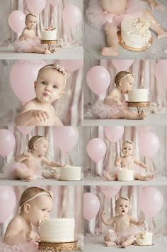 a collage of baby pictures with balloons and cake