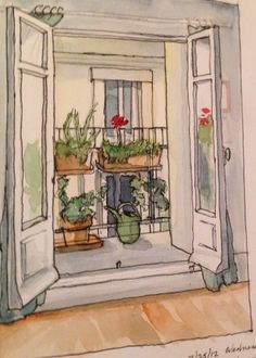 an open window with potted plants on it