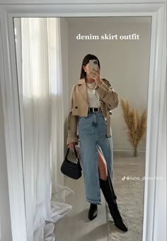 Denim Skirt Outfit Fall, Long Denim Skirt Outfit, Winery Outfit, Jean Skirt Outfits, Jacket Outfit Women, Denim Skirt Outfits, Skandinavian Fashion, Winter Skirt Outfit, Long Denim Skirt