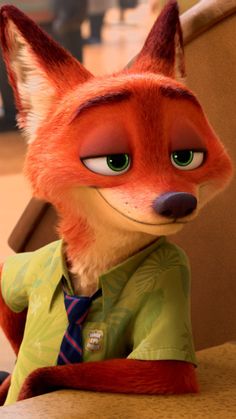 an animated fox wearing a shirt and tie sitting on a chair with his head turned to the side