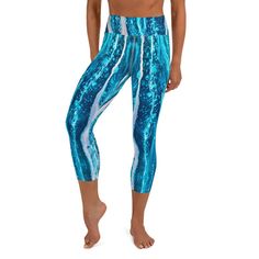 These yoga capri leggings with a high, elastic waistband are the perfect choice for yoga, the gym, or simply a comfortable evening at home. In YogaVidaArtandWear's one-of-a-kind, hand painted Silver Blue design from the Metallics Collection. * 82% polyester, 18% spandex * Very soft four-way stretch fabric * Comfortable high waistband * Mid-calf length * Flat seam and coverstitch Summer Yoga Capris, Moisture-wicking Capris For Yoga, Summer Yoga Activewear Capris, Summer Yoga Capris Activewear, Athleisure Capri Yoga Pants For Pilates, Athleisure Capri-length Yoga Pants For Pilates, Athleisure Capri Length Yoga Pants For Pilates, Turquoise Stretch Yoga Bottoms, Stretch Turquoise Yoga Bottoms