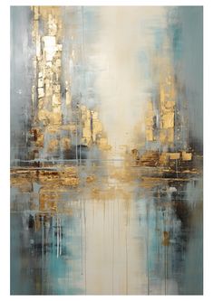 an abstract painting with gold and blue colors on the canvas, it looks like they are floating