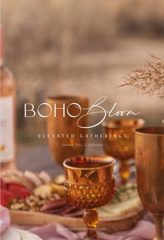 the cover of boho & bloom elevated gatherings, featuring gold cups and saucers