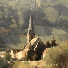 a painting of a church in the middle of a field with trees and mountains behind it