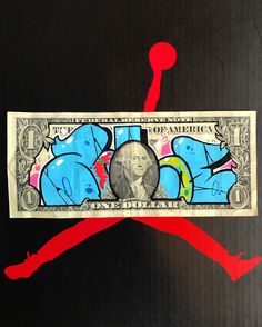 a one dollar bill with the image of a basketball player on it, painted in red and blue